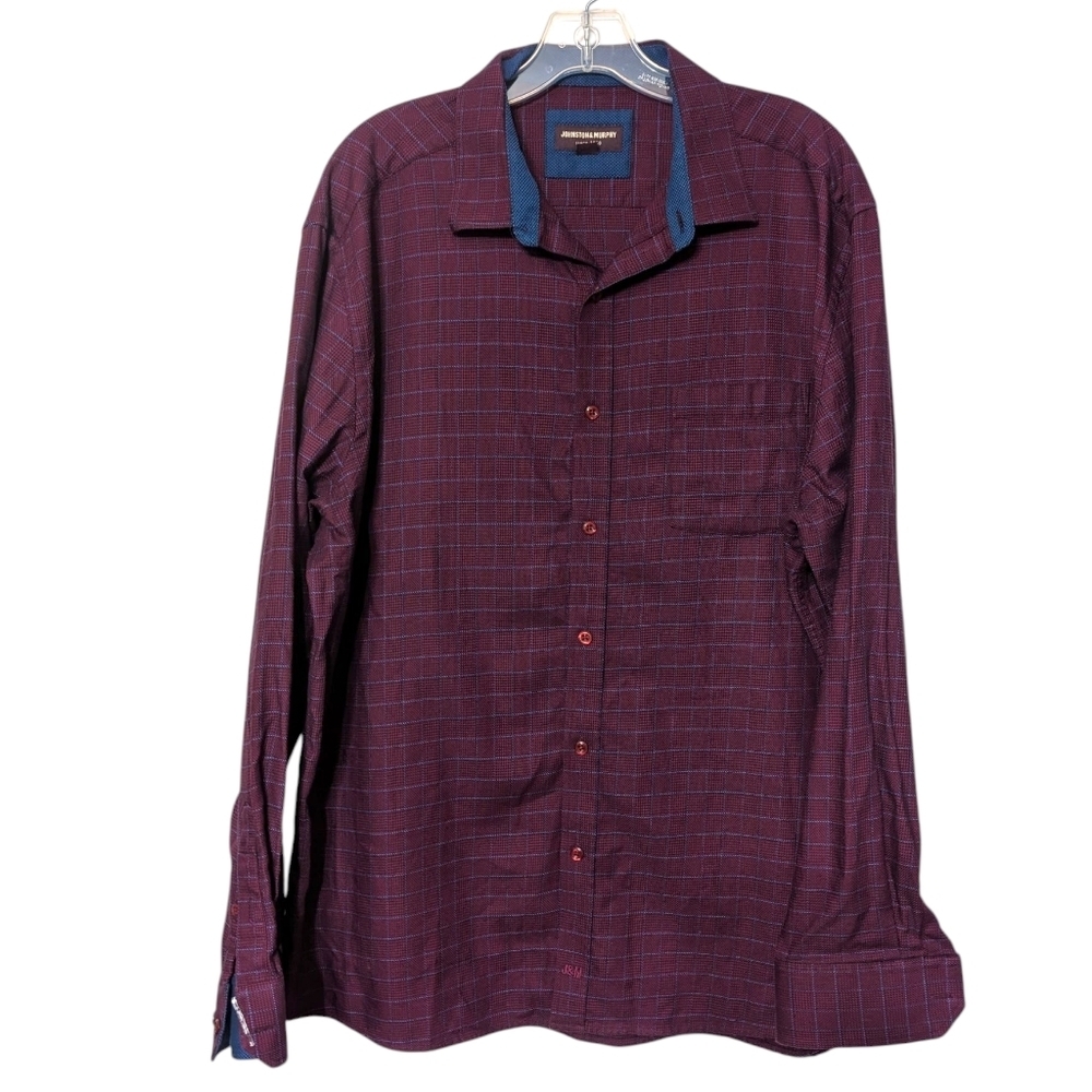 Johnston & Murphy Maroon Red Plaid Button Down Cotton Casual Dress Shirt Sz XXL